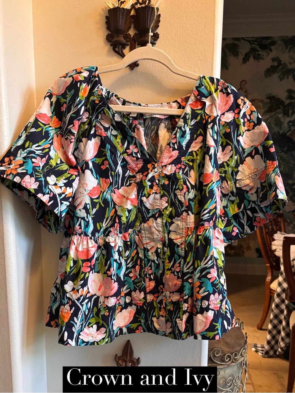 crown & ivy Navy Floral Peplum Blouse with Pink & Green Accents